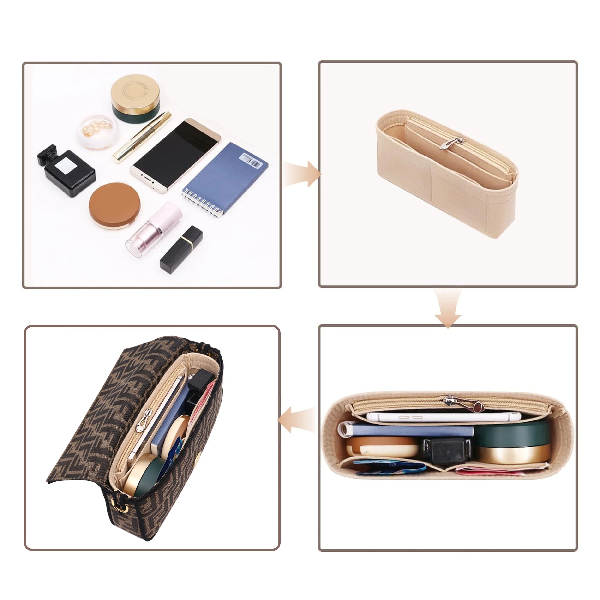 Bag organizer with felt lining.