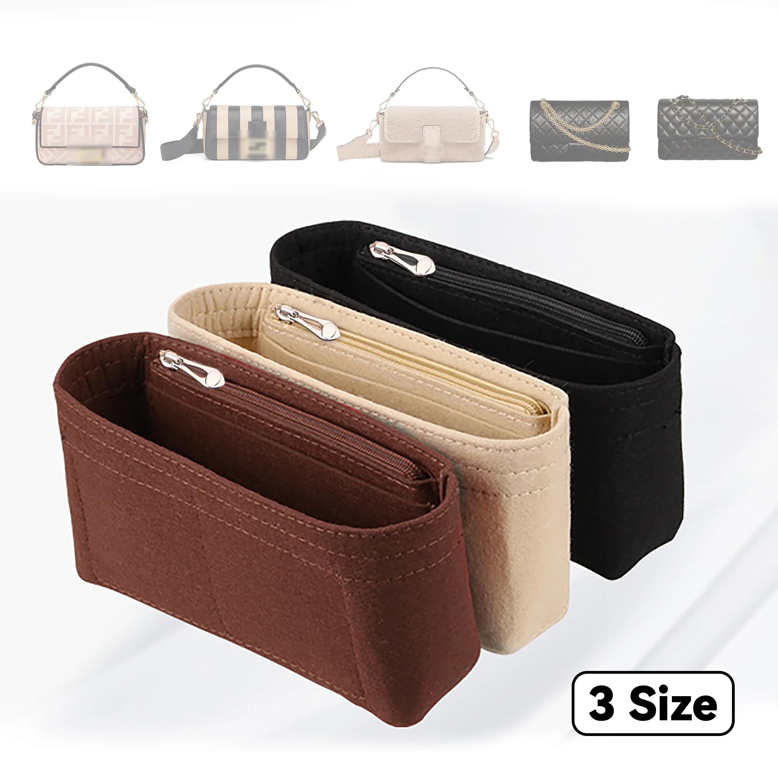 Bag organizer with felt lining.
